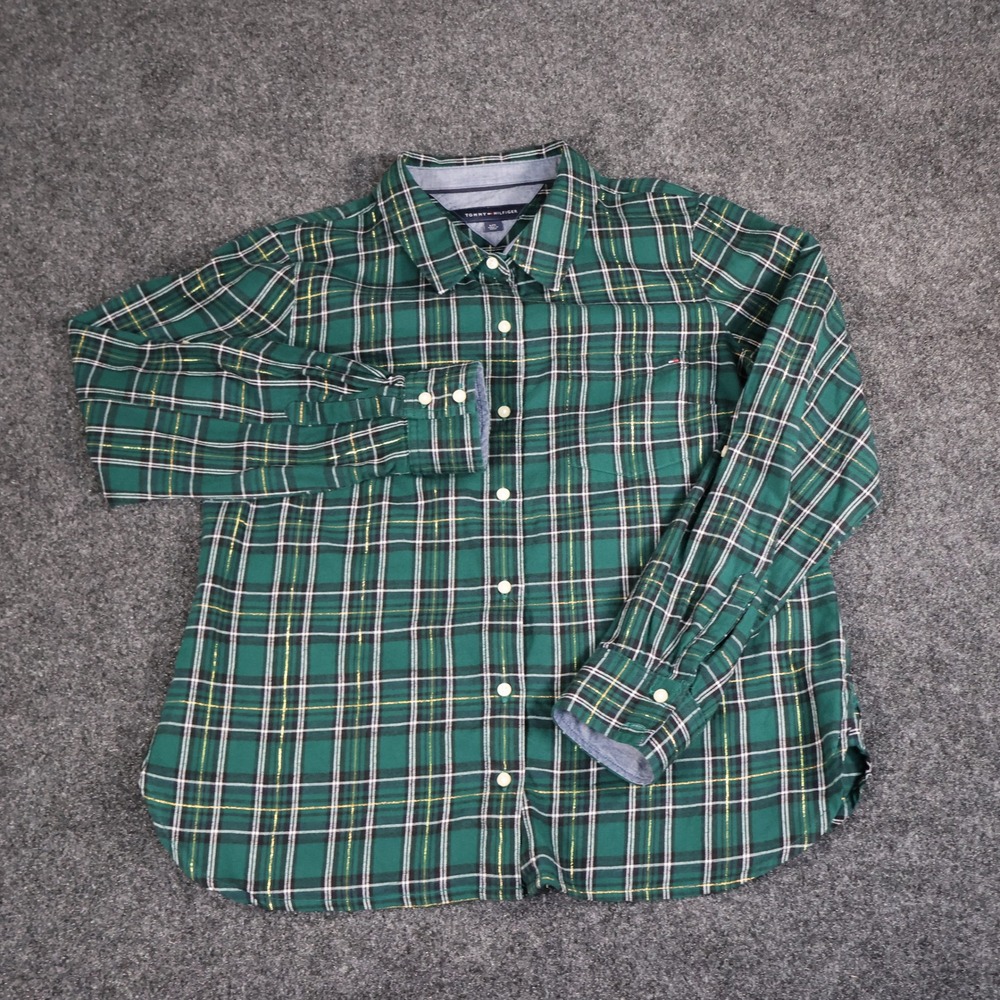 Tommy Hilfiger Womens Green Plaid Gold Metallic Button Down Shirt Large